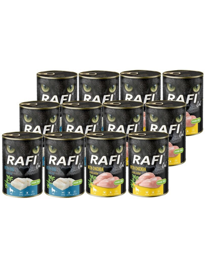 RAFI Cat Adult Mix příchutí 12x400 g s treskou a kuřetem, konzervy pro kočky