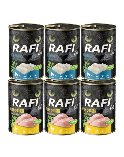 RAFI Cat Adult Mix příchutí 6x400 g s treskou a kuřecím masem, konzervy pro kočky