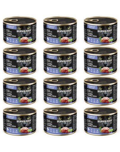 SUPER RAFI Cat s přepičkou a králičími játry 12x185g konzervy pro kočky