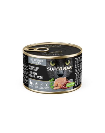 SUPER RAFI Cat s perličkou a srdíčky z kachny 185g konzerva pro kastrované kočky