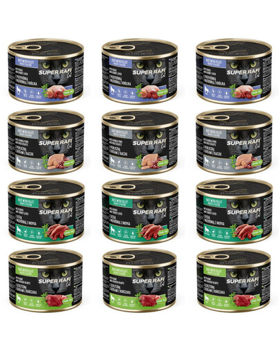 SUPER RAFI Cat Mix 4 Chutě 12x185g konzervy pro kočky