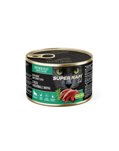SUPER RAFI Cat s husím masem a krůtími játry 185g konzerva pro kastrované kočky