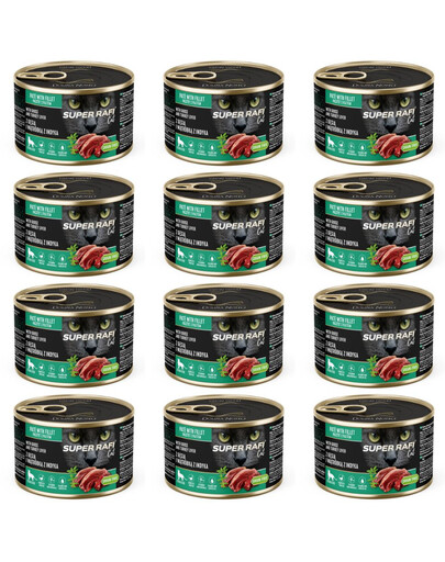SUPER RAFI Cat s husím masem a krůtími játry 12x185g konzervy pro kastrované kočky