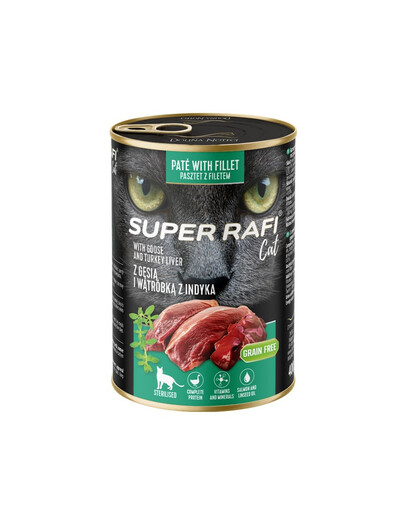 SUPER RAFI Cat s husím masem a krůtími játry 400g konzerva pro kastrované kočky