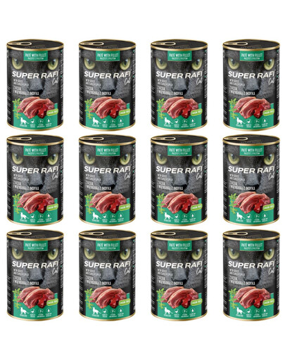 SUPER RAFI Cat s husím masem a krůtími játry 12x400g konzervy pro kastrované kočky