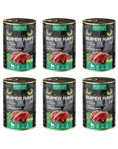 SUPER RAFI Cat s husím masem a krůtími játry 6x400g konzervy pro kastrované kočky