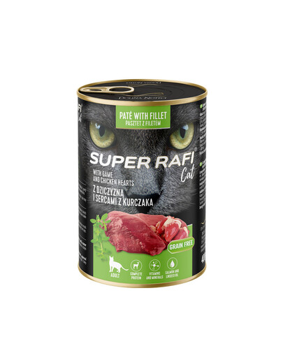 SUPER RAFI Cat s divočinou a kuřecími srdci 400g konzerva pro kočky