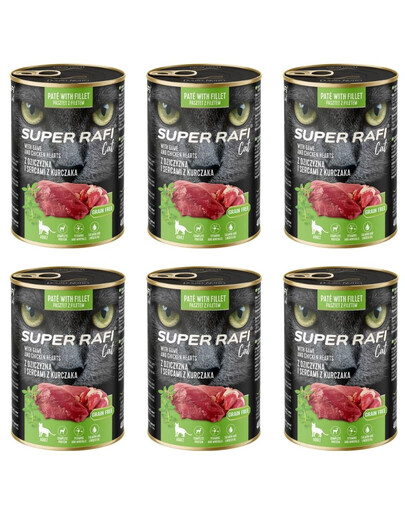 SUPER RAFI Cat s divočákem a kuřecími srdci 6x400g konzervy pro kočky
