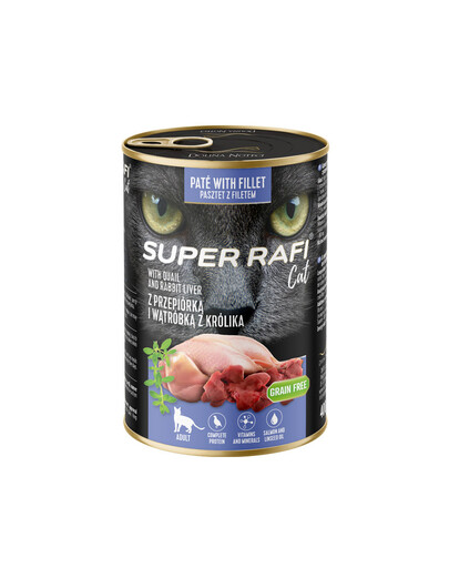 SUPER RAFI Cat s přepeličím masem a králičími játry 400g konzerva pro kočky