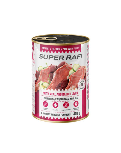 SUPER RAFI s telecím a játry z králíka 400 g krmivo pro psy