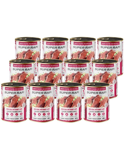 SUPER RAFI s hovězím masem a králičími játry 12x400 g krmivo pro psy