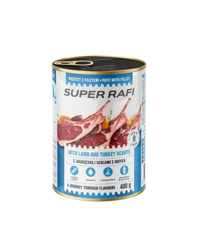 SUPER RAFI s jehněčím masem a srdíčky krůty 400 g krmivo pro psy