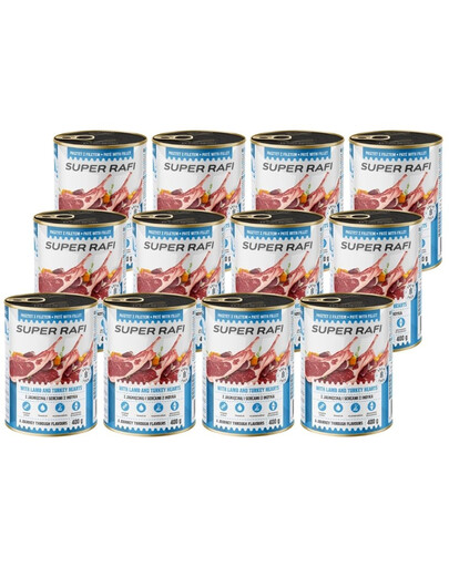 SUPER RAFI s jehněčími a krůtími srdíčky 12x400 g krmivo pro psy