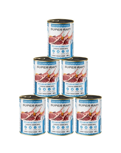 SUPER RAFI s jehněčím masem a krůtími srdci 6x400 g krmivo pro psy