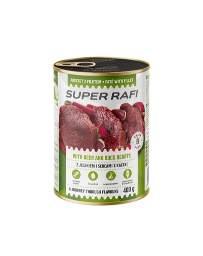 SUPER RAFI s jelenem a srdíčky z kachny 400 g krmivo pro psy