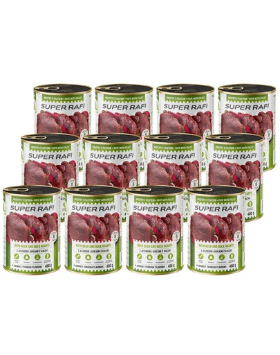 SUPER RAFI s jeleními a kachními srdci 12x400 g krmivo pro psy