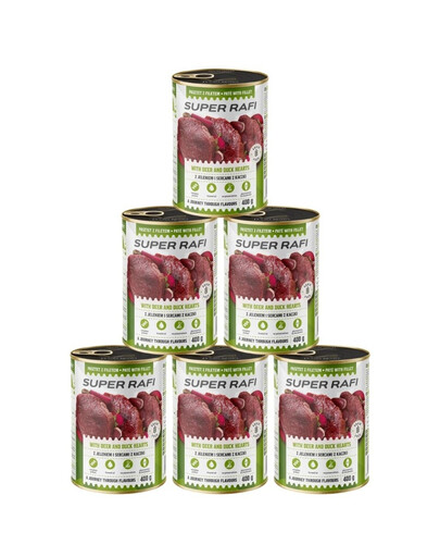 SUPER RAFI s jeleními a kachními srdíčky 6x400 g krmivo pro psy