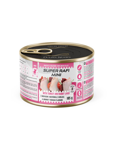 SUPER RAFI Mini s krůtím masem a králičími játry 185g konzerva pro psy malých plemen