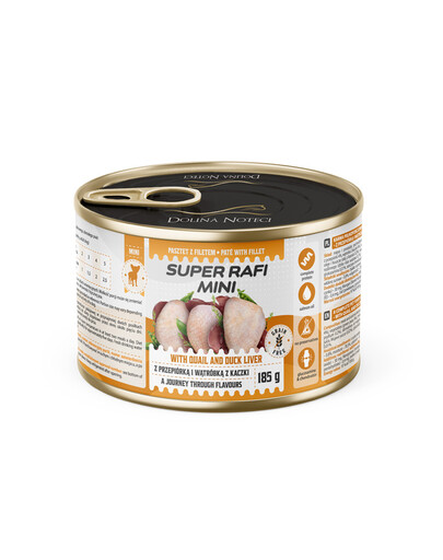 SUPER RAFI Mini s přepeličím masem a kachními játry 185g konzerva pro psy malých plemen