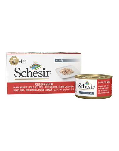 SCHESIR Kuřecí s hovězím masem v želé 4x85 g mokré krmivo pro psy