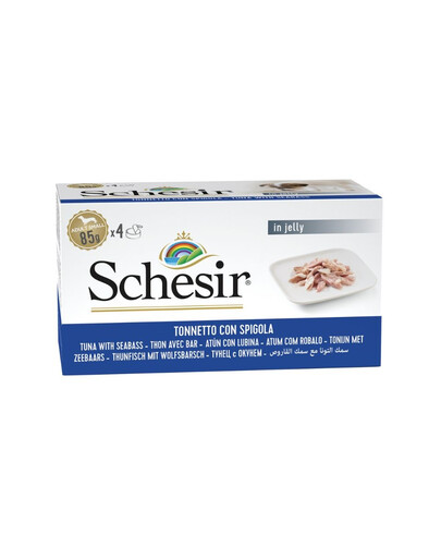 SCHESIR Tuňák s mořským okounem v želé 4x85 g konzervy pro psy
