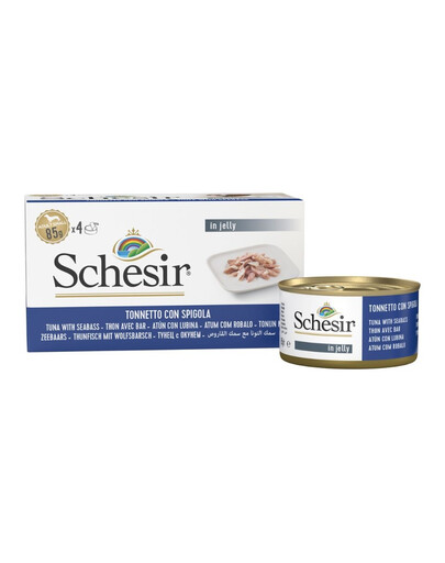 SCHESIR Tuňák s mořským okounem v želé 4x85 g konzervy pro psy