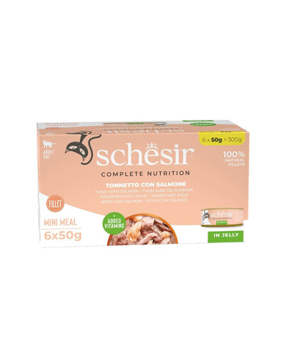 SCHESIR Tuňák s lososem v želé 6x50 g mokré krmivo pro kočky