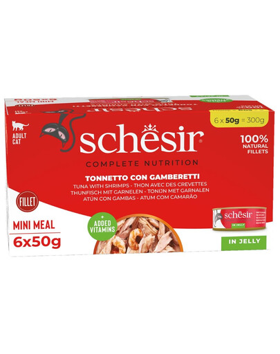 SCHESIR Tuňák s krevetami v želé 6x50 g mokré krmivo pro kočky