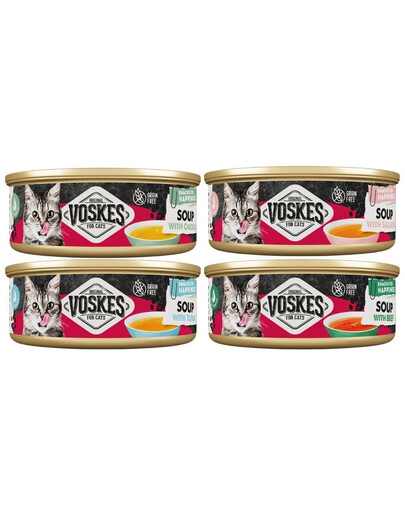VOSKES Soup Mix příchutí 4x50 g polévka s hovězím masem, kuřecím masem, lososem a tuňákem pro kočky