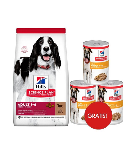 HILL'S Science Plan Canine Adult Medium Lamb & Rice 18 kg Krmivo pro psy střední velikosti jehněčí s rýží + 3 konzervy rmiva HILL's ZDARMA