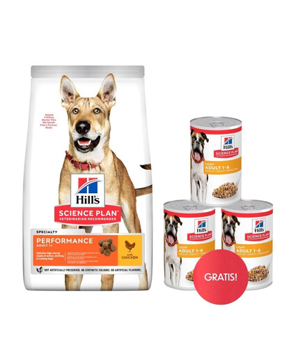 HILL'S Canine Adult 1+ Performance 14 kg kuřecí krmivo pro aktivní psy + 3 konzervy krmiva HILL's ZDARMA