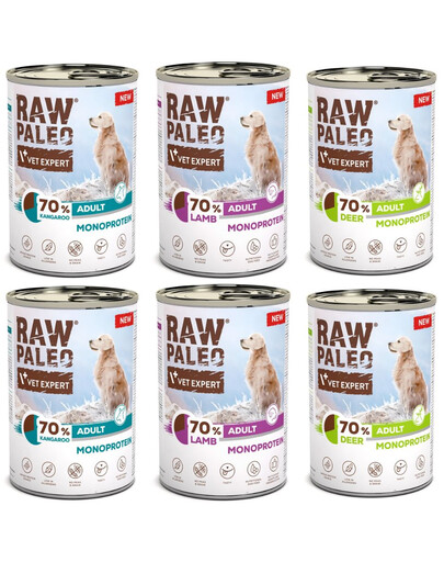 RAW PALEO Monoprotein Adult 6x400g Mix Chutí, krmivo pro psy