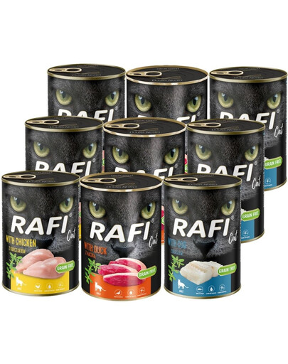 RAFI Cat Adult Mix příchutí 9x400 g s treskou, kuřecím masem a kachnou, krmivo pro kočky
