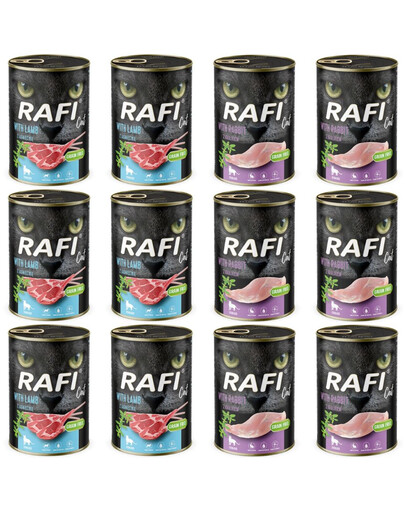 RAFI Cat Adult Mix 2 příchutí jehněčí a králíčí 12x400 g konzervy pro sterilizované kočky