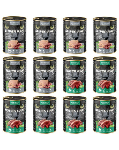 SUPER RAFI Cat Mix 2 příchutě 12x400g konzervy pro kastrované kočky