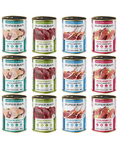 SUPER RAFI Mix 4 Chutí 12x400 g konzervy pro psy