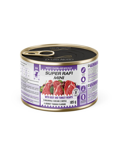 SUPER RAFI Mini s hovězím masem a krůtími srdci 185g konzerva pro psy malých plemen