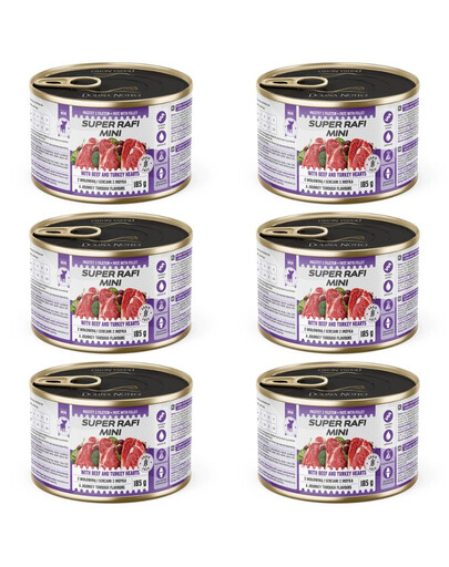 SUPER RAFI Mini s hovězím masem a srdíčky z krůty 6x185g konzervy pro psy malých plemen