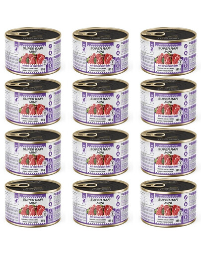 SUPER RAFI Mini s hovězím masem a krůtími srdci 12x185g konzervy pro psy malých plemen