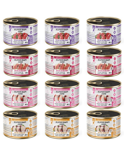 SUPER RAFI Mini Mix 4 Chutě 12x185g konzervy pro psy malých plemen