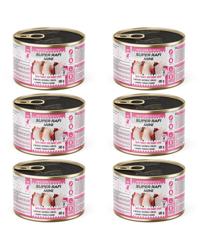 SUPER RAFI Mini s krůtím masem a králičími játry 6x185g konzervy pro psy malých plemen