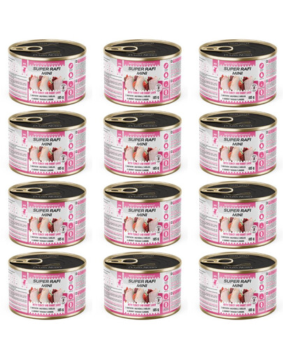 SUPER RAFI Mini s krůtím masem a králičími játry 12x185g konzervy pro psy malých plemen