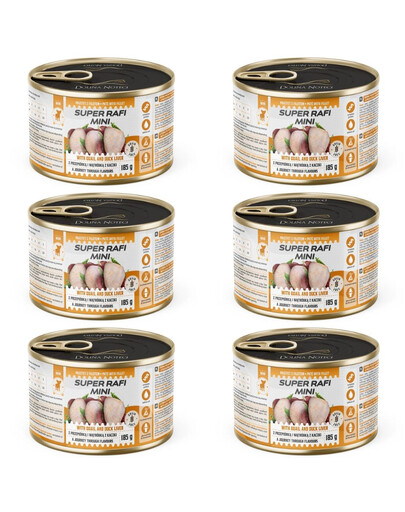 SUPER RAFI Mini s perličkou a játry z kachny 6x185g  konzervy pro psy malých plemen