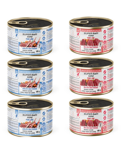SUPER RAFI Mini Pure Line mix 2 příchutí s batáty 6x185g konzervy pro psy malých plemen