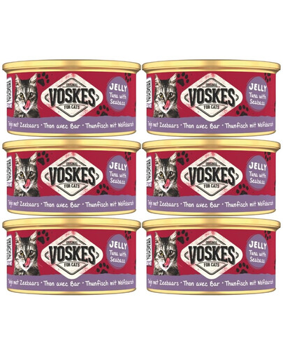 VOSKES Jelly Tuna with Seabass 6x85 g 100% tuňák s mořským okounem v želé, doplňkové krmivo pro kočky