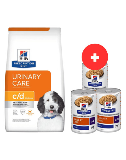 HILL'S Prescription Diet Canine c/d Multicare Chicken 12 kg pro psy s problémy močových cest + 3 x 370 g krmiva pro psy ZDARMA