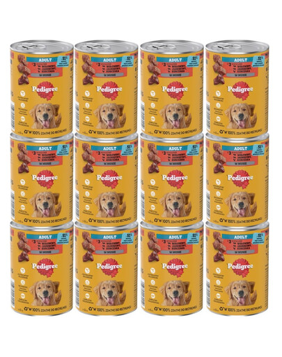 PEDIGREE Adult konzerva 12x400 g mokrá kompletní strava pro dospělé psy se 3 druhy: hovězím, jehněčím a kuřecím, v omáčce