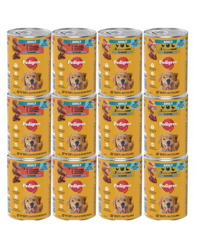 PEDIGREE Adult Mix příchutí 400 g konzervy pro psy se 3 druhy masa: hovězím, jehněčím a kuřecím