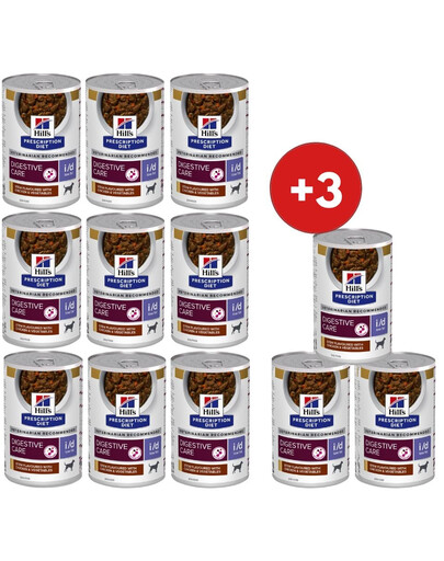 HILL'S Prescription Diet Canine i/d Low Fat Digestive Care Dušené krmivo s kuřecím masem a zeleninou 9x354 g + 3 konzervy ZDARMA!