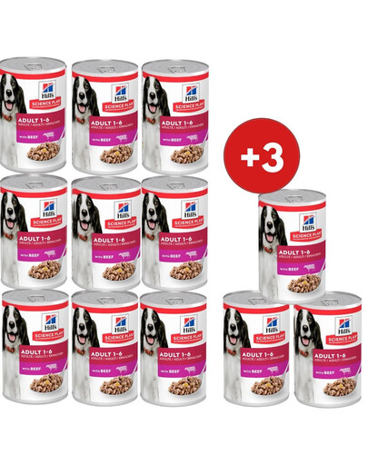 HILL'S Science Plan Canine Adult Beef 9x370 g pro dospělé psy s hovězím masem + 3 konzervy ZDARMA!